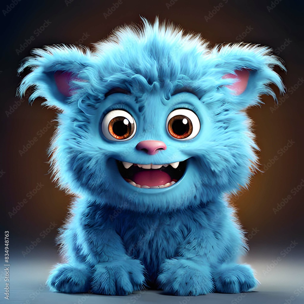 Obraz premium Adorable and Playful Meet the Cute Blue Furry Monster, a Delightful 3D Cartoon Character Bringing Joy and Fun to Your Screens.