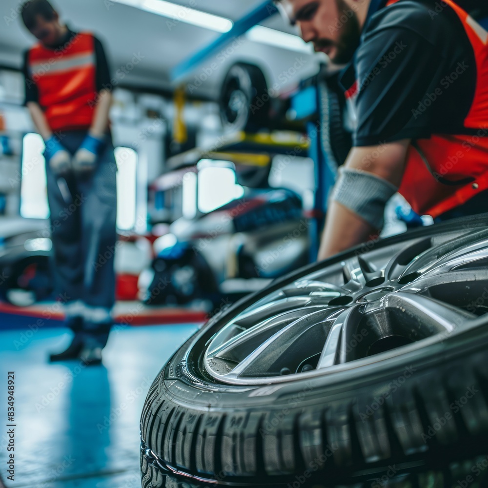 Obraz premium Mechanics at Work in Expert Tire and Wheel Service Garage