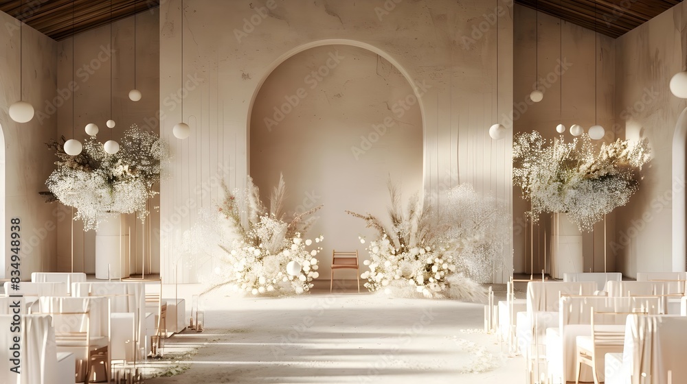 Elegant Wedding Ceremony Altar with Floral Arch and in Luxurious Venue Elegant Wedding Ceremony Altar with Floral Arch and in Luxurious Venue