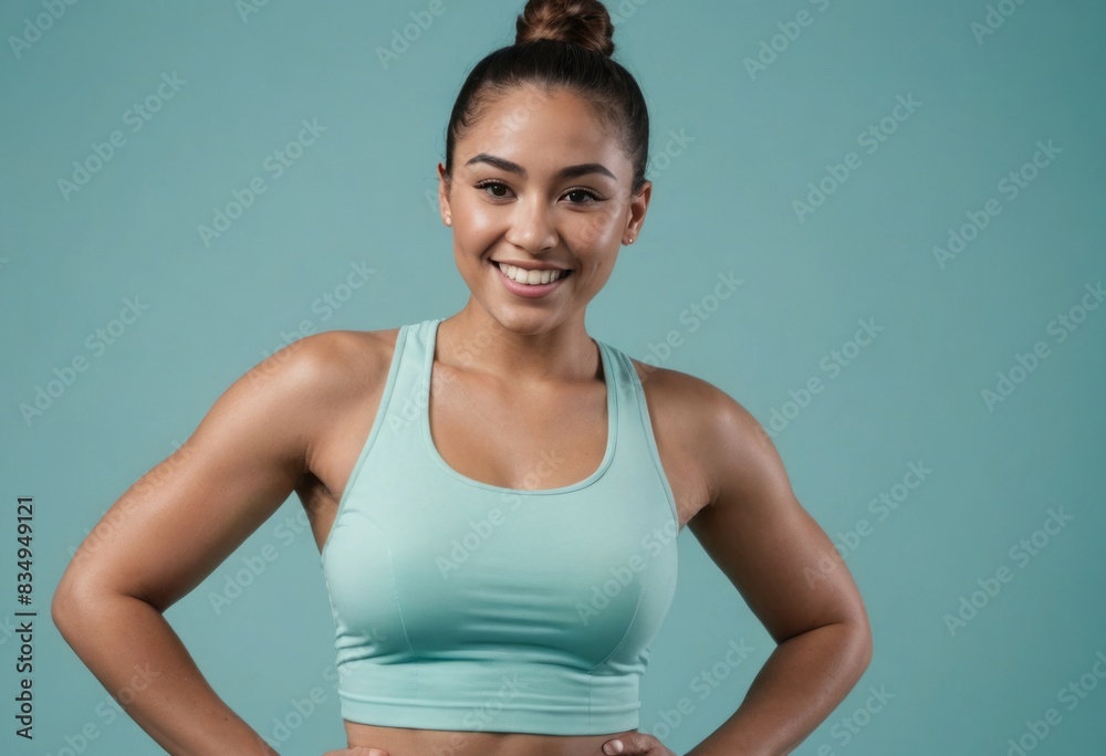 Young, toned woman in a teal sports bra, standing with hands on hips and a confident smile. Her readiness for an active lifestyle is clear. Young, toned woman in a teal sports bra, standing with hands on hips and a confident smile. Her readiness for an active lifestyle is clear.