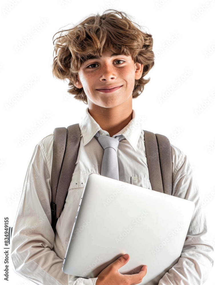 Young student wear school uniform holding laptop Young student wear school uniform holding laptop