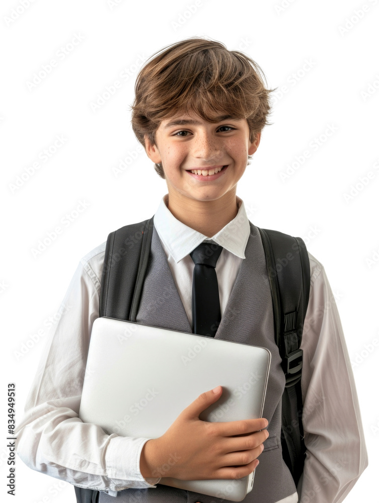 Young student wear school uniform holding laptop Young student wear school uniform holding laptop