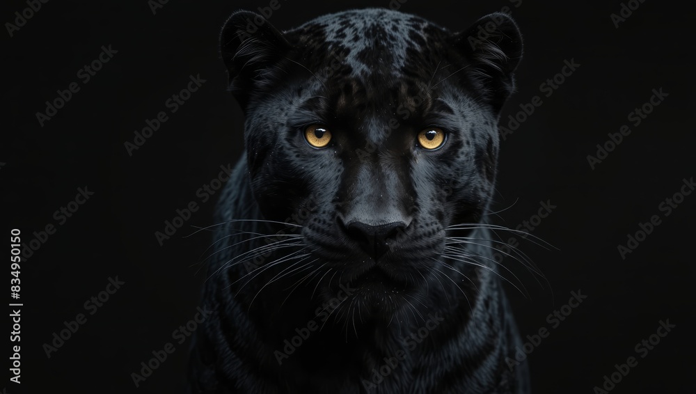 Front view of Panther on black background Wild animals banner with copy space.