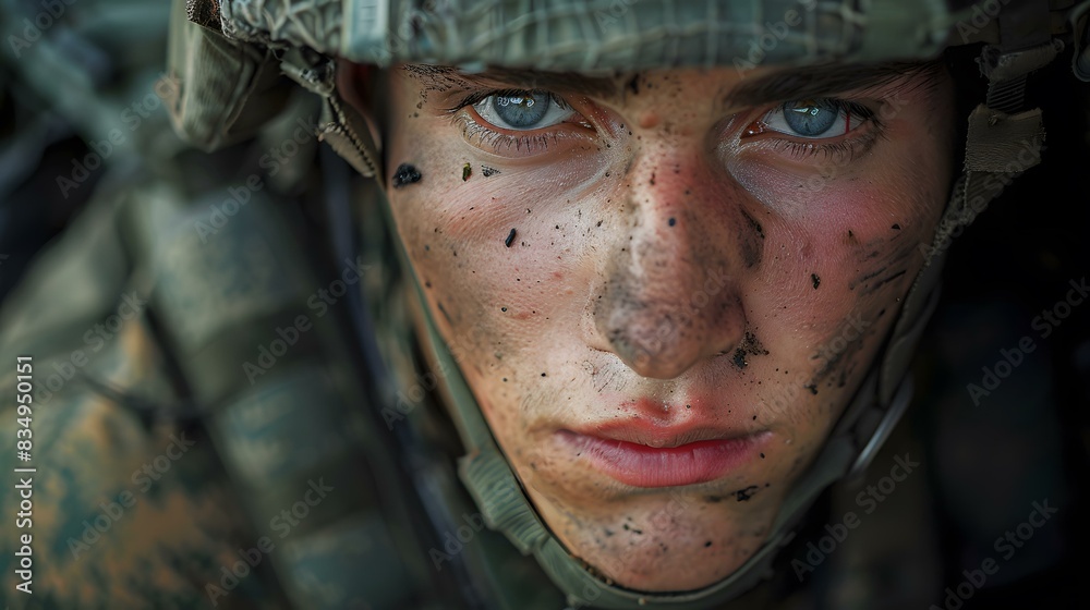 Portrait of a soldier with blue eyes and a dirty face Portrait of a soldier with blue eyes and a dirty face
