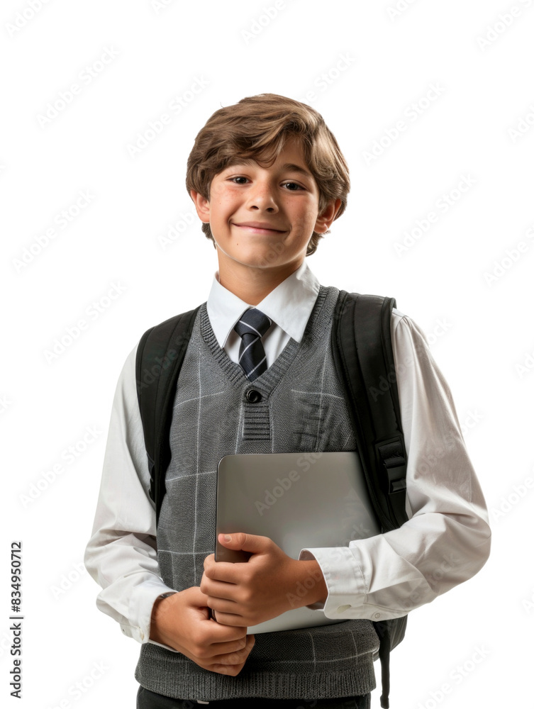 Young student wear school uniform holding laptop Young student wear school uniform holding laptop