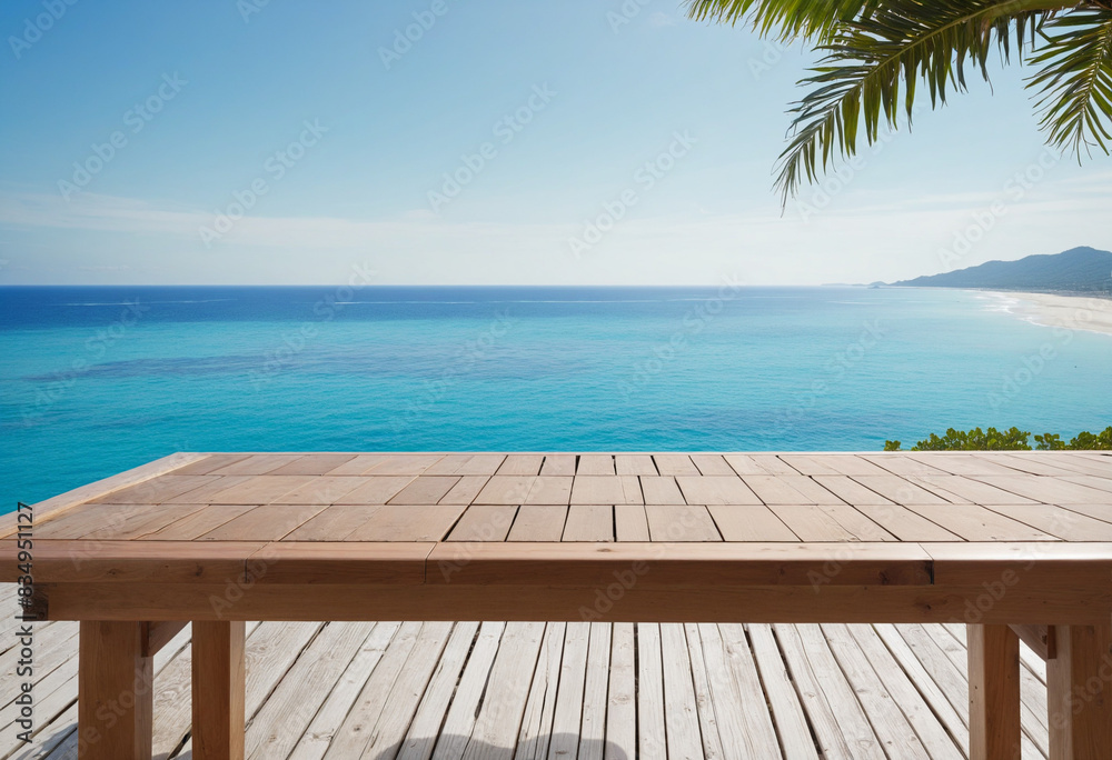 Fototapeta premium Beachside table with a view of the tropical ocean on a sunny summer day