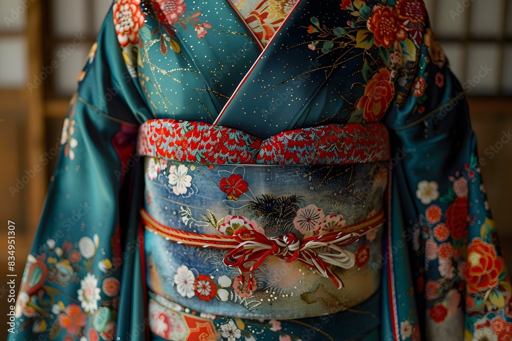 Naklejka premium A woman wearing a kimono with a floral pattern