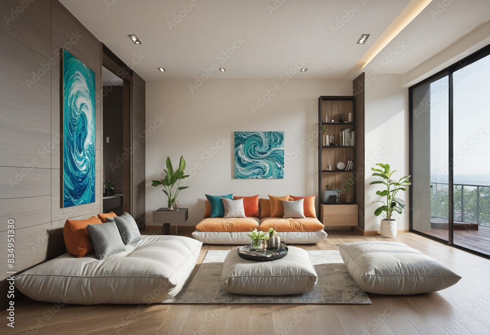 Fototapeta premium An interior oasis showcasing a peaceful water feature, plush floor cushions, and soothing artwork