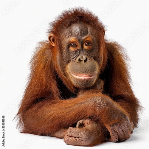 Orangutan with hands up on white background