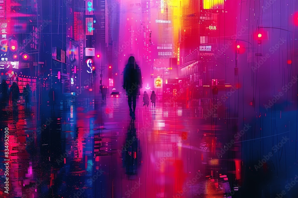Silhouette of a person walking in a neon-lit city street, rain reflecting the colorful lights. Silhouette of a person walking in a neon-lit city street, rain reflecting the colorful lights.