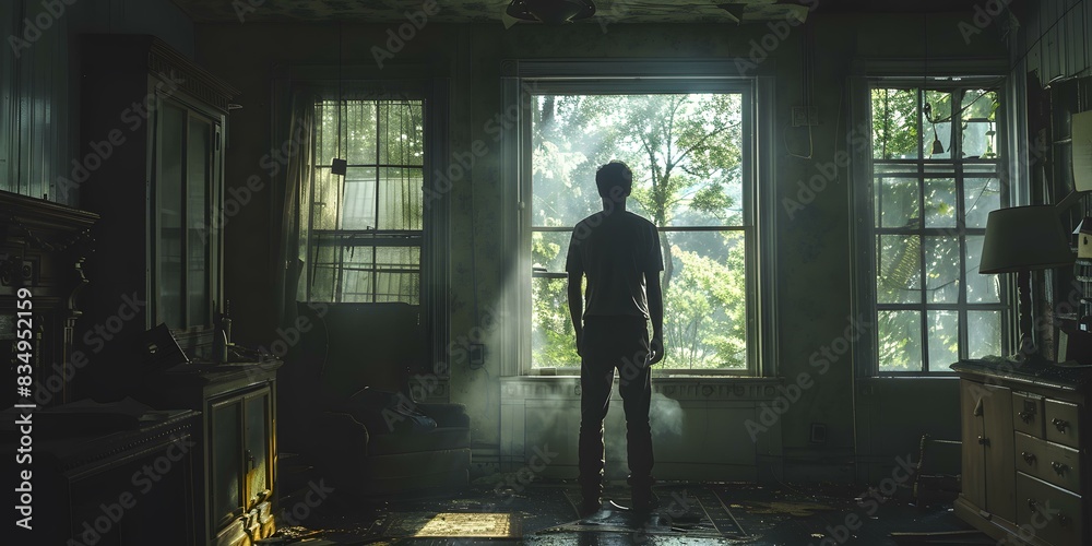 Fototapeta premium Man standing in a ruined room looking out at the forest
