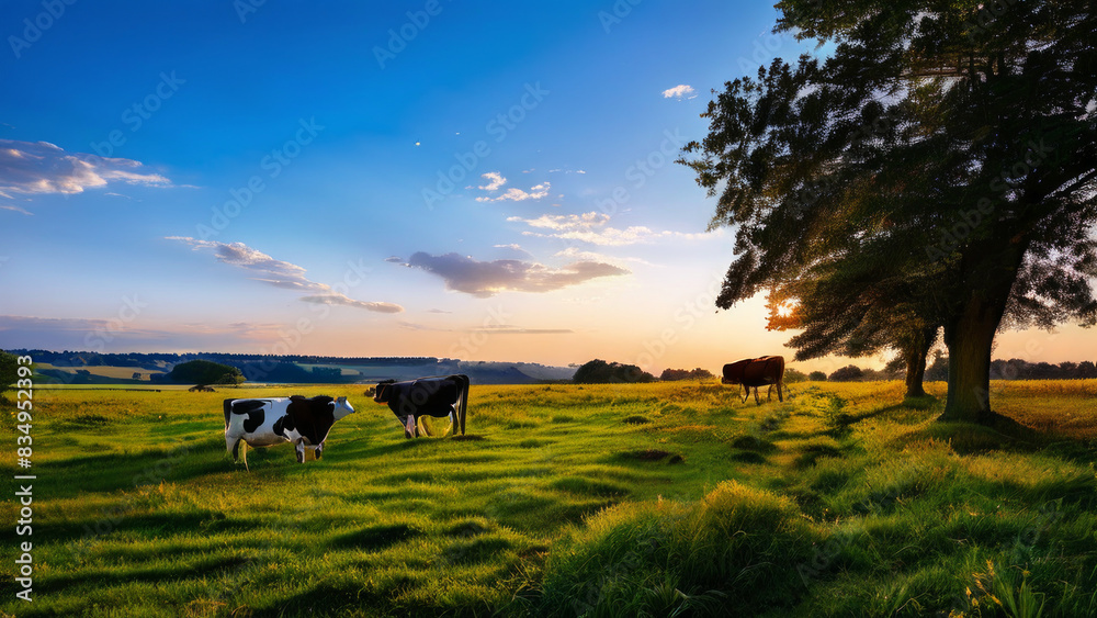 a scene with several cows grazing in a field during sunset. The sun is low on the horizon casting a warm golden light on the landscape. a scene with several cows grazing in a field during sunset. The sun is low on the horizon casting a warm golden light on the landscape.
