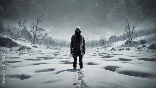 Concept of loneliness and solitude.  Solitary figure in dark clothing amidst vast snowfield with barren trees and drifting snowflakes photo