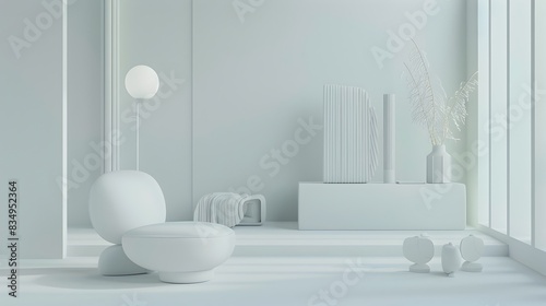 Minimalist White Interior Design Decor Composition with Geometric Furniture and Abstract Objects © Everything by Rachan