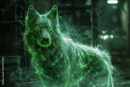A green wolf with glowing eyes stands in front of a green background photo