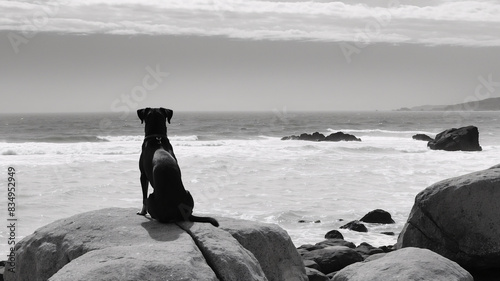 Black White photo of a lone dog sitting at the ocean shore, depiction of loneliness solitude and vastness of water as well as a view of infinite horizon