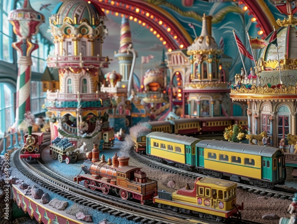 The image is depicting a colorful and vibrant model train set with a circus theme. There are various elements such as a Ferris wheel, a roller coaster, and a clown.