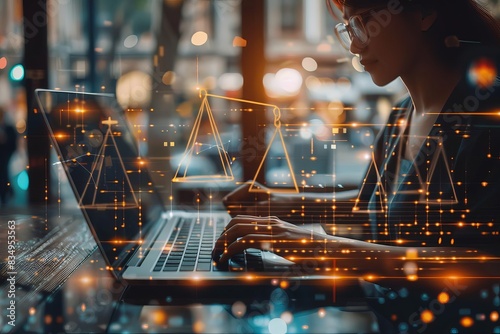 Digital scales of justice overlay on lawyer working on laptop, legal concept