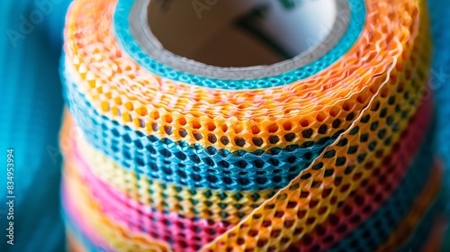Close-up of an intricately woven kinesiology tape roll, showcasing its detailed texture and vibrant colors. photo
