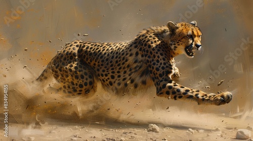 A cheetah is running through the desert, kicking up sand and dust