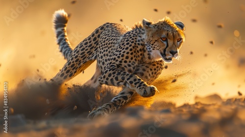 A cheetah is running through the desert, kicking up sand and dust