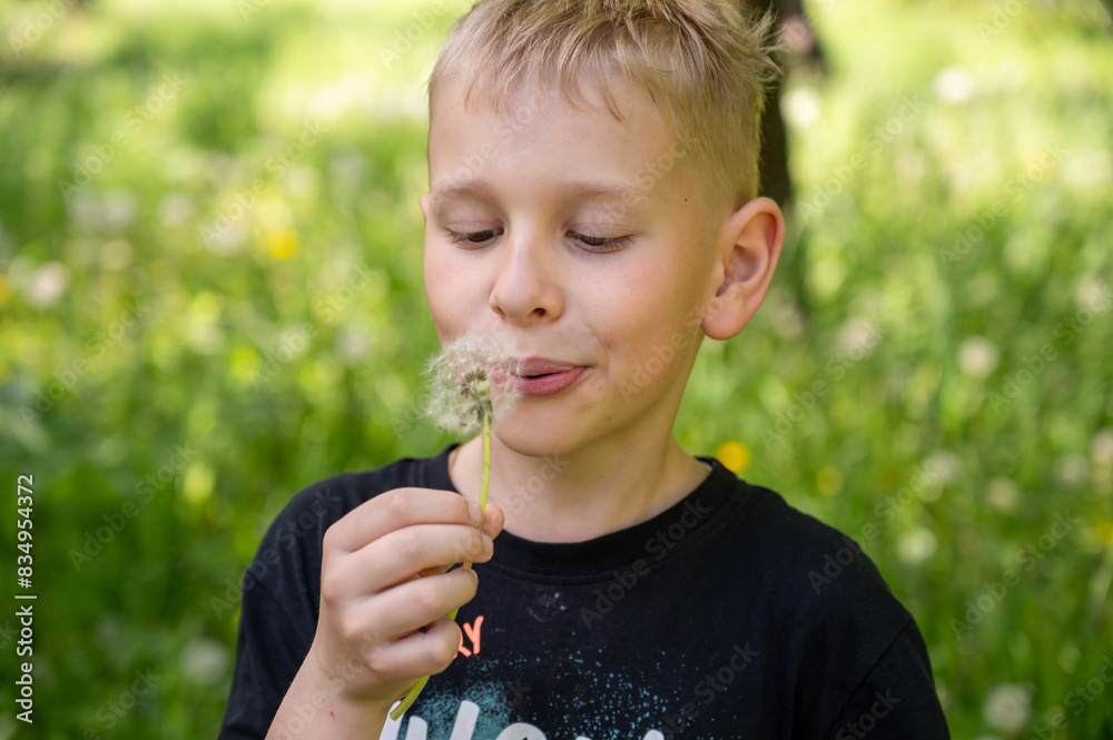 A handsome blond boy blows a dandelion in the park. Selective focus. A handsome blond boy blows a dandelion in the park. Selective focus.