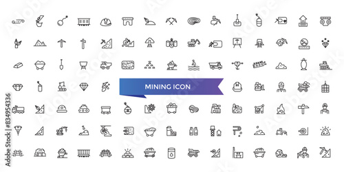 Mining icon collection. Related to minerals, gold, pickaxe, miner, excavator, diamond, coal wagon, jackhammer and gold panning icons.