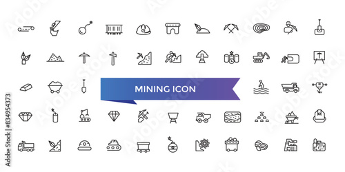 Mining icon collection. Related to minerals, gold, pickaxe, miner, excavator, diamond, coal wagon, jackhammer and gold panning icons.