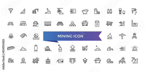 Mining icon collection. Related to minerals, gold, pickaxe, miner, excavator, diamond, coal wagon, jackhammer and gold panning icons.