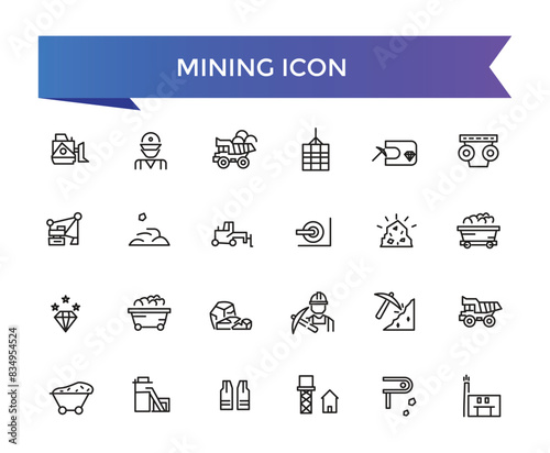 Mining icon collection. Related to minerals, gold, pickaxe, miner, excavator, diamond, coal wagon, jackhammer and gold panning icons.