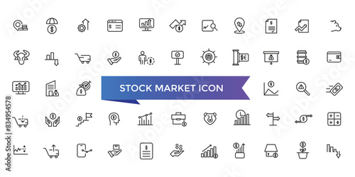 Stock market icon collection. Related to stocks, stock exchange, financial goal, shares, investment, bull market, bear market and investment icons.