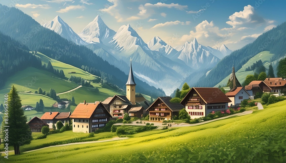 Alpine landscape with a medieval village, germany art design Alpine landscape with a medieval village, germany art design