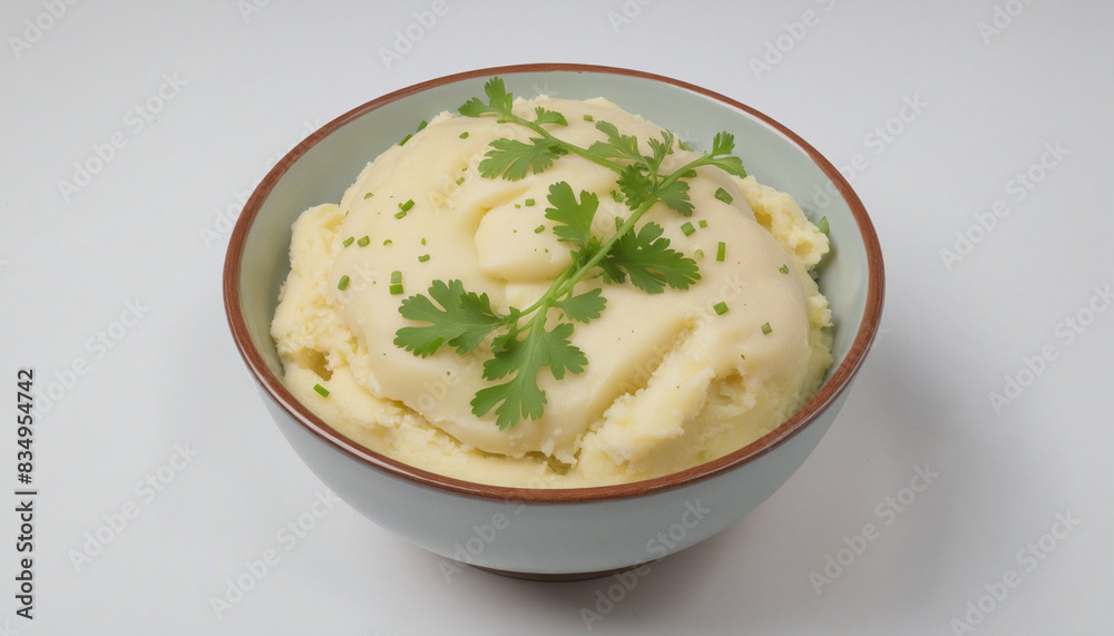 Creamy mashed potatoes garnished with parsley in a white bowl Creamy mashed potatoes garnished with parsley in a white bowl