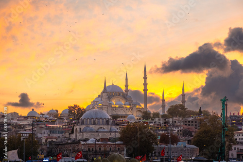 Beautiful view of the magnificent historical Suleymaniye Mosque with small boats. Istanbul