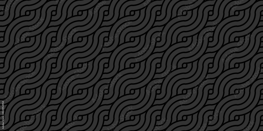 Obraz premium Abstract Overlapping Pattern Minimal diamond geometric waves spiral and abstract circle wave line. Dark black color seamless tile stripe geometric create retro square line backdrop pattern background.