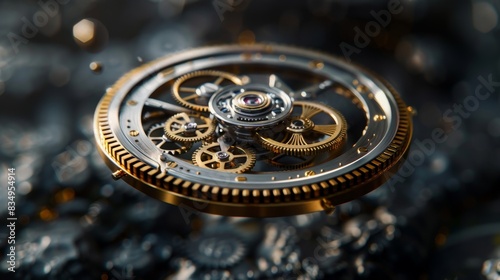 A close up of a clock with many gears and a gold rim