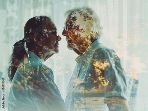 A physical therapist helping an elderly patient with mobility exercises close up, senior care theme, dynamic, double exposure, home care backdrop