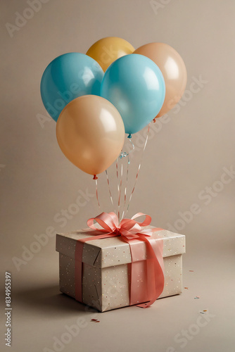 Gift box with balloons on grey background. Holidays concept.