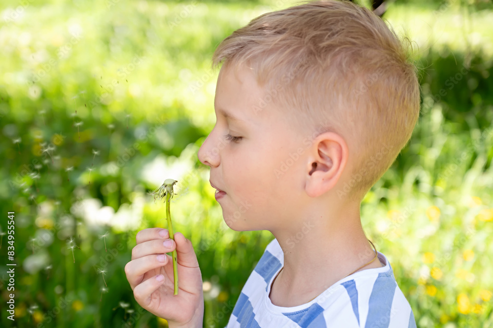 Cute little blond boy blowing a dandelion in the summer garden. Cute little blond boy blowing a dandelion in the summer garden.
