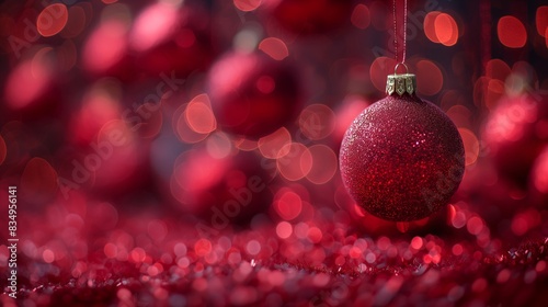 Festive Red Christmas Ornaments with Glitter and Bokeh Background, Holiday Celebration, Seasonal Decoration for Winter, Shiny and Elegant Holiday Spirit, Blurred Lights, Centered Ornament Focus