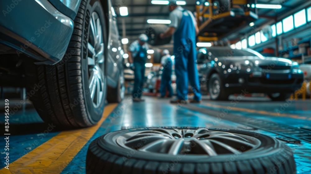 Mechanics at Work in Expert Tire and Wheel Service Garage Mechanics at Work in Expert Tire and Wheel Service Garage