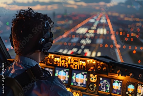 A pilot performing a smooth landing at a busy international airport focus on precision, landing theme, realistic, multilayer, runway backdrop photo