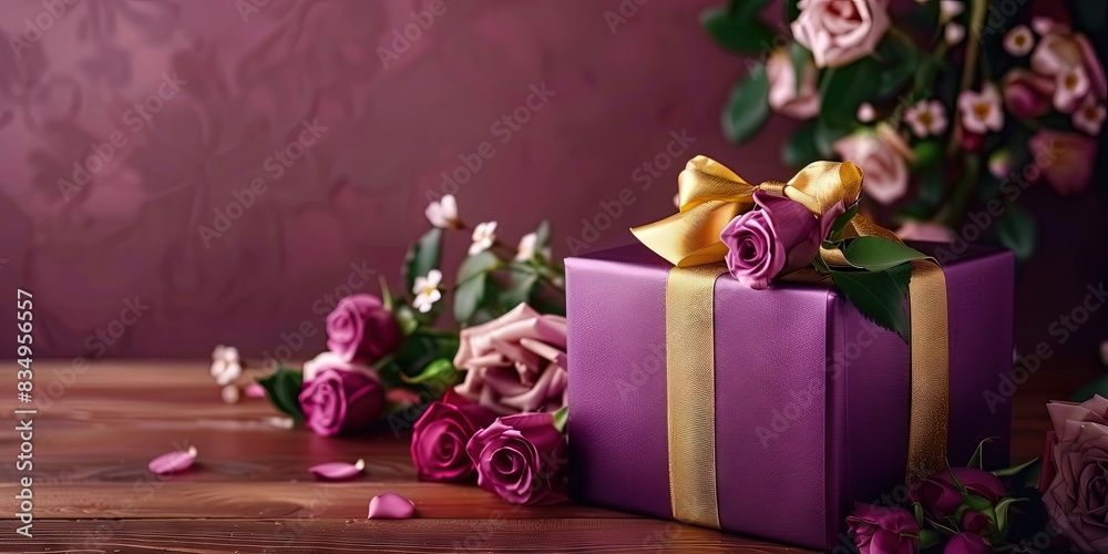 Elegant present gift box with satin ribbon and fresh roses on table. Elegant present gift box with satin ribbon and fresh roses on table.
