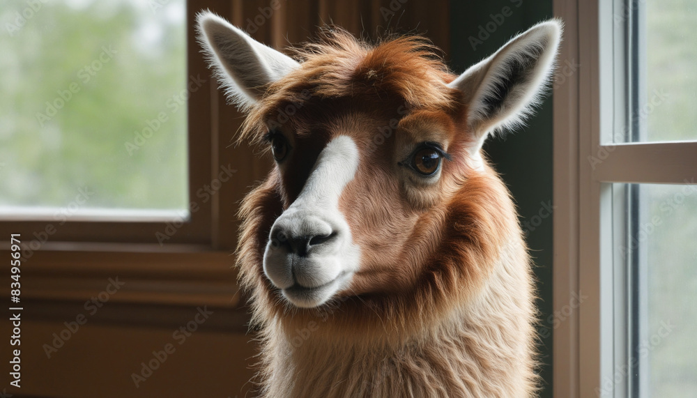adorable alpaca gazing at the cityscape from the window adorable alpaca gazing at the cityscape from the window