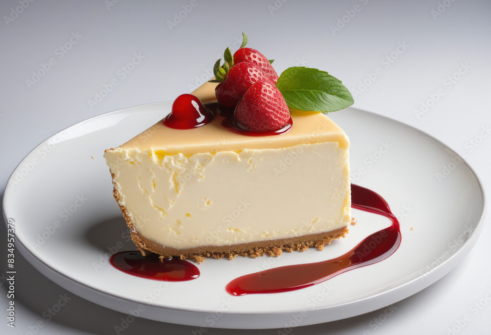 Generative AI technology creates a delectable slice of cheesecake on a classy plate, showcasing the fresh and creamy dessert in a mouthwatering close-up shot