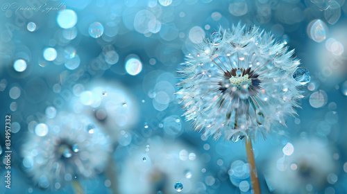 Dandelion Seeds in droplets of water on blue