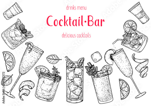 Alcoholic cocktails frame. Hand drawn vector illustration. Cocktails sketch set. Engraved style.