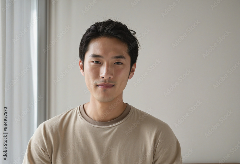 A handsome Japanese man in his 30s smiling warmly in an indoor setting A handsome Japanese man in his 30s smiling warmly in an indoor setting