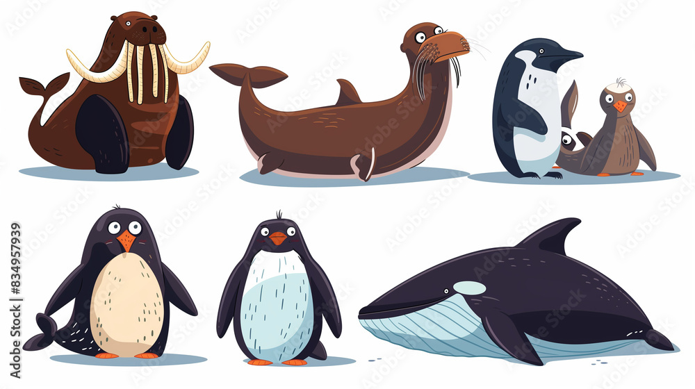 Obraz premium Cartoon illustration of various arctic and antarctic animals including a walrus, seal, multiple penguins, and a whale, all depicted in a cute and playful style