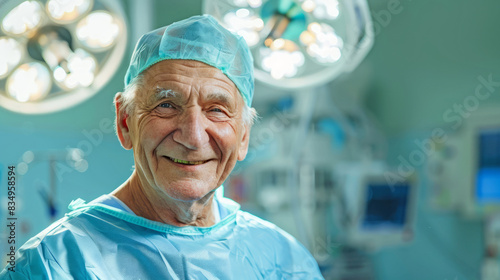 Portrait of a male surgeon doctor wearing surgical gown smiling and working in an operating room in a hospital